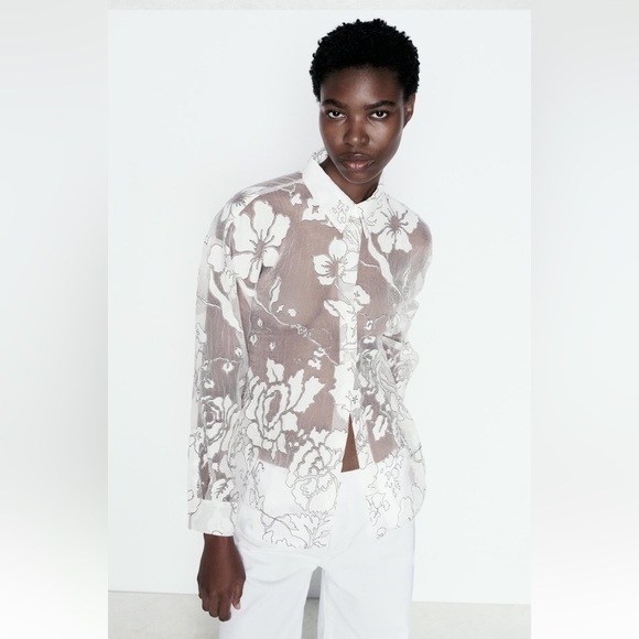 New ZARA Contrasting Devore Shirt - Picture 3 of 10